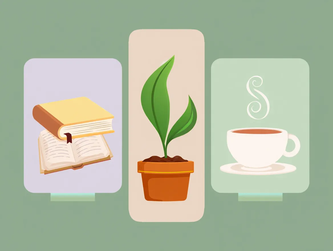 Illustration of three gentle daily habit cards with soft colors and balanced layout